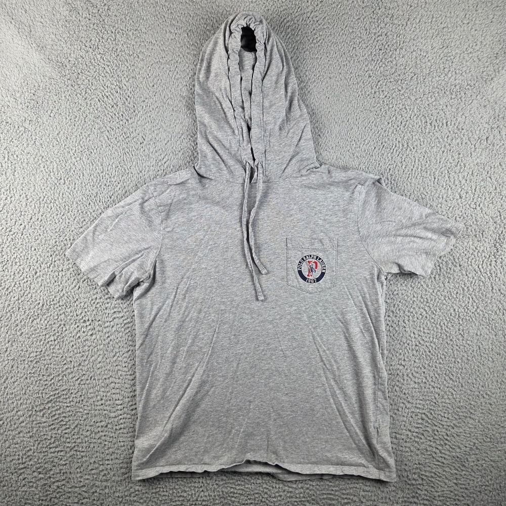 Polo Ralph Lauren Short Sleeve Shirt Hoodie Mens M Gray Printed Signature Pony